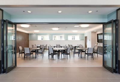 Bright dining room with neatly arranged tables