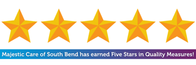 Majestic Care of South Bend, Nursing Home in South Bend, IN — Five yellow stars with a quality rating banner