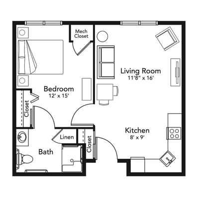 Architectural floor plan of a one-bedroom unit