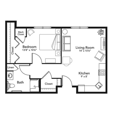 Architectural floor plan of a one-bedroom unit