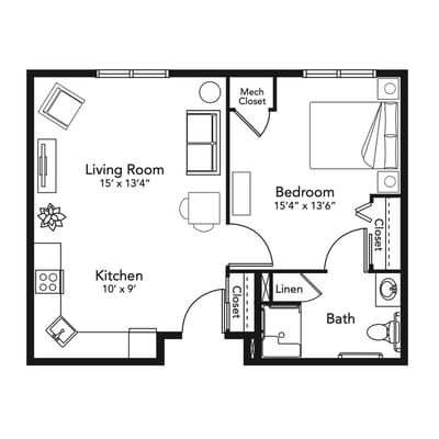 Architectural floor plan of a one-bedroom unit