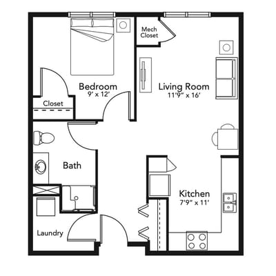 Architectural floor plan of a one-bedroom apartment