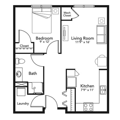 Architectural floor plan of a one-bedroom unit