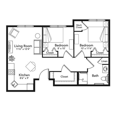 Architectural floor plan of a two-bedroom layout