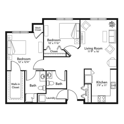 Architectural floor plan of a two-bedroom unit