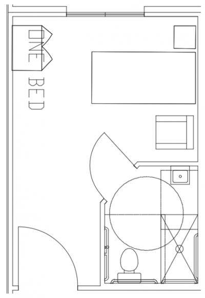 Architectural floor plan of a one-bedroom unit