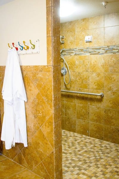 Accessible shower area with grab bars and hooks