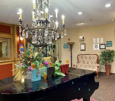 Interior view of a vibrant common area with decorations