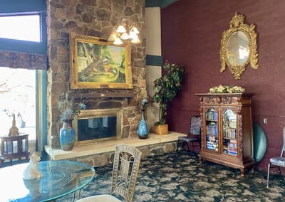 Cozy lounge area with fireplace and bookshelves