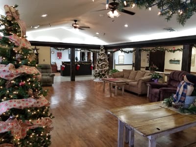 Common area decorated for the holidays with Christmas trees