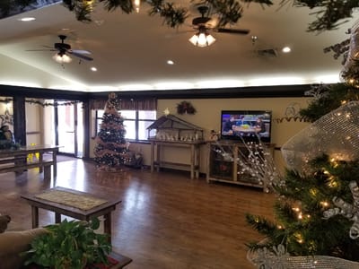 Interior common area decorated for the holidays