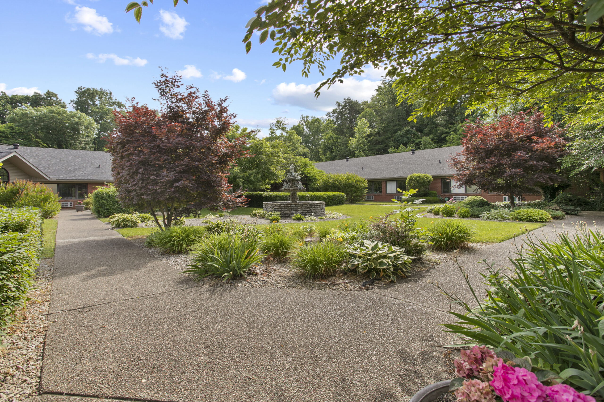 Beautiful courtyard garden area with greenery and flowers