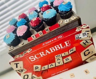 Colorful cupcakes decorated with Scrabble letters