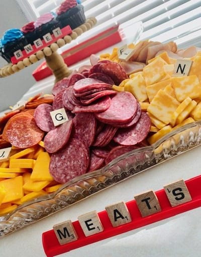 Close-up of a charcuterie platter with meats and cheeses