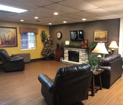 Cozy common area with seating and decorations