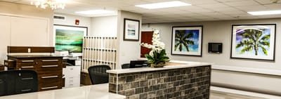 Bright reception area with artwork and decorative plants