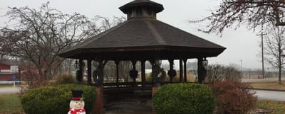 Covered gazebo in an outdoor space with decorations
