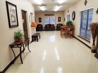 Interior view of a common area with seating