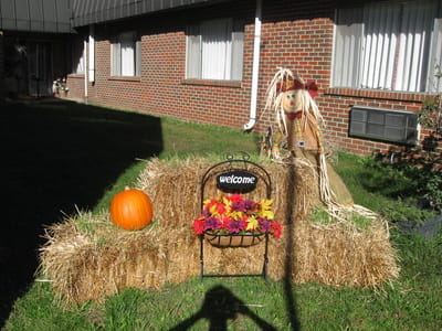 Outdoor fall-themed decoration with hay and pumpkin