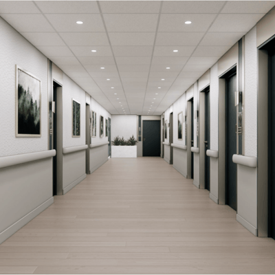Bright hallway with artwork in a senior living facility