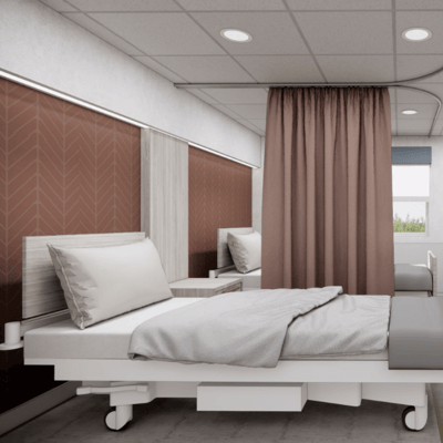 Private resident room with bed and curtains