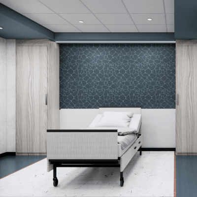 Interior view of a single resident room with a bed