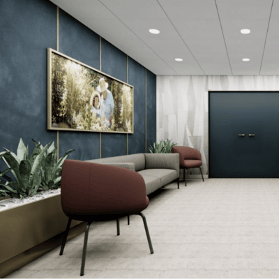 Modern lounge area with seating and art
