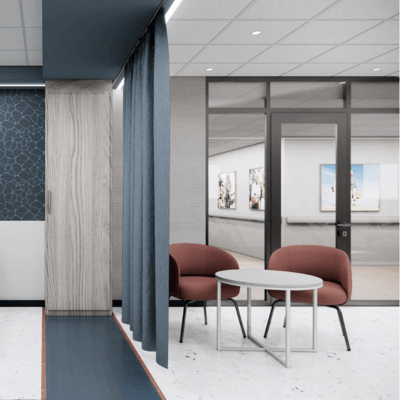 Interior lounge area with seating and artwork