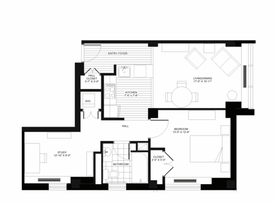 Architectural floor plan of a resident unit