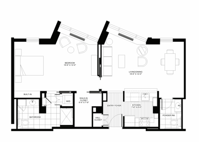 Architectural floor plan of a two-bedroom unit