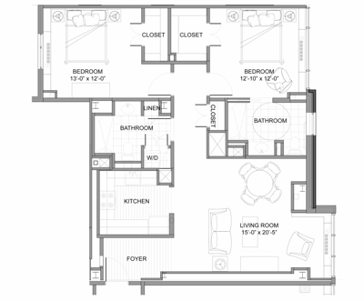 Architectural floor plan of a two-bedroom unit