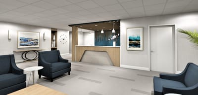 Modern reception area with seating and artwork