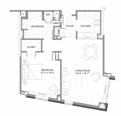 Architectural floor plan of a two-bedroom unit