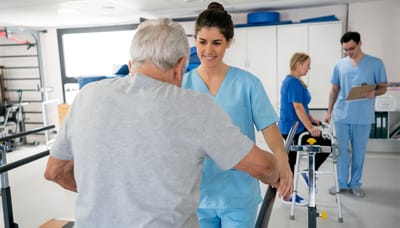 Therapist assisting a senior in a rehabilitation session
