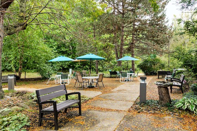 Outdoor seating area with umbrellas and benches