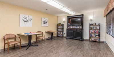 Interior view of a common area with bookshelves