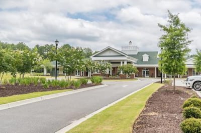 Exterior view of an assisted living facility entrance