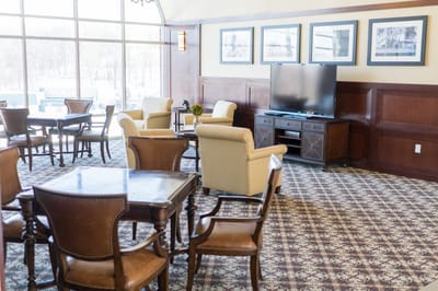 Bright and inviting common area with seating