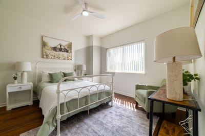 A cozy resident room with natural light