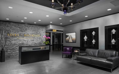 Modern lobby area with seating and decor