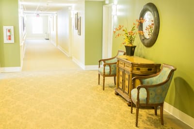 Bright hallway with comfortable seating and decorations