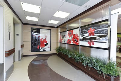 Interior hallway decorated with floral art and plants