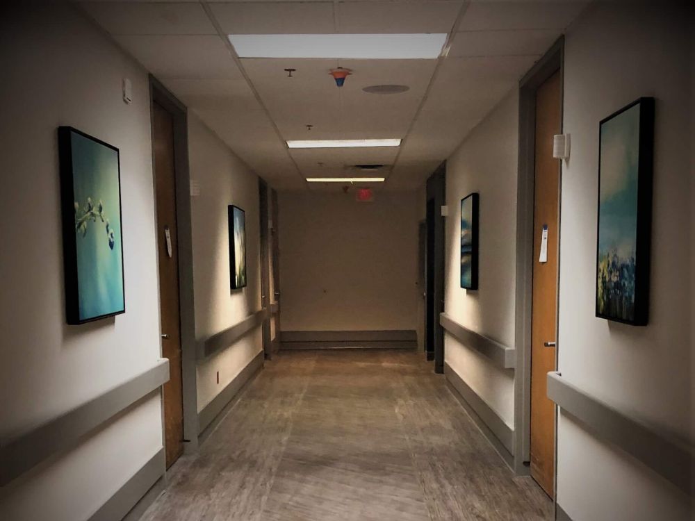 A hallway with artwork on the walls