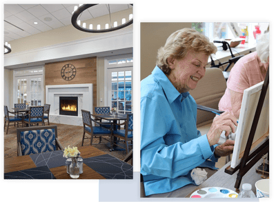 Residents enjoying activities in a warm, inviting lounge
