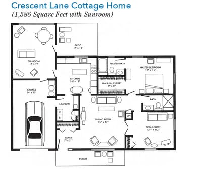 Architectural floor plan of a cottage home