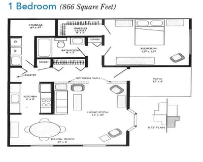 Architectural floor plan of a one-bedroom unit