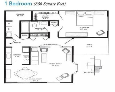 Architectural floor plan of a one-bedroom layout