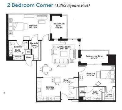 Architectural floor plan of a two-bedroom unit