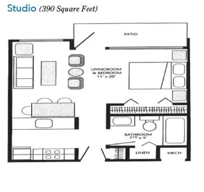 Architectural floor plan of a studio apartment