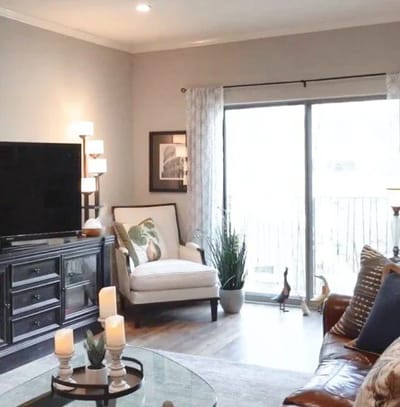 A cozy living room area with seating and plants